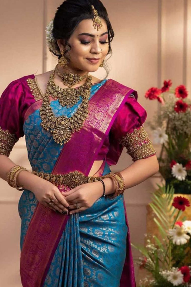 Sky Blue And Pink Soft Silk Saree With Saree Blouse - ePika India