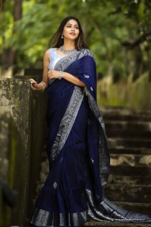 LINEN COTTON - Silver Lining Pallu And Contrast Blouse in SKY BLUE -  Culturoma
